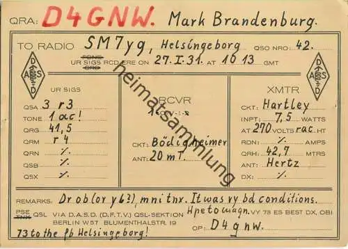 QSL - QTH - D4GNW - Mark Brandenburg - 1931