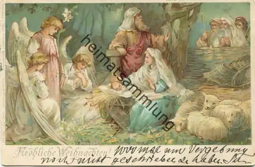 Fröhliche Weihnachten - Engel - Maria und Josef mit Jesuskind im Stall gel. 1898