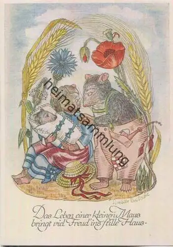 Künstlerkarte Liselotte Britsche - im Kornfeld - Mäuse in Menschenkleidung