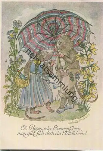 Künstlerkarte Liselotte Britsche - Unter einem Regenschirm - Mäuse in Menschenkleidung