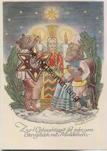 Künstlerkarte Liselotte Britsche - Weihnachtszeit - Mäuse in Menschenkleidung
