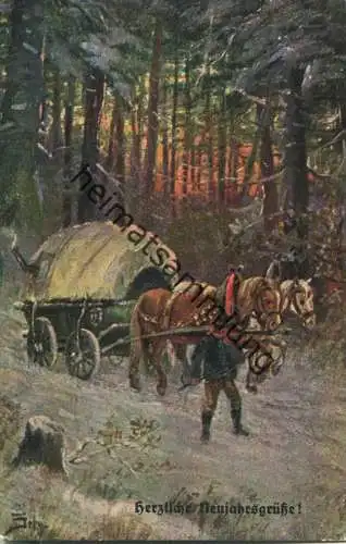 Herzliche Neujahrsgrüsse - Pferde und Wagen im Wald - Feldpost