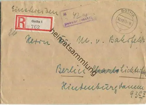 R-Brief aus Gotha vom 30.10.1945 mit 'Gebühr bezahlt' B14e in violett '42'