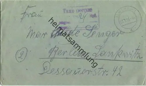 Brief aus Ilmenau 1 (Umsiedlungslager Langewiesener) vom 29.03.1946 mit 'Taxe percue' vierzeilig G14 in violett '24'