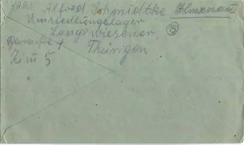 Brief aus Ilmenau 1 (Umsiedlungslager Langewiesener) vom 29.03.1946 mit 'Taxe percue' vierzeilig G14 in violett '24'