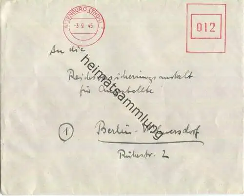 Brief aus Altenburg (Thür) vom 03.09.1945 mit aptiertem Postfreistempel in rot