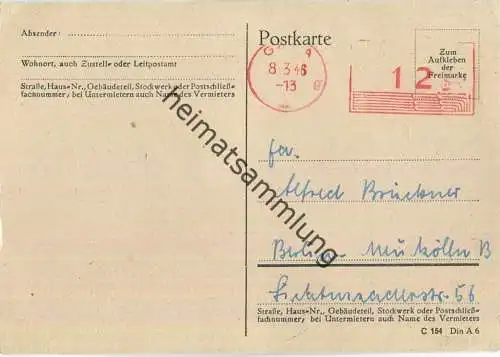 Postkarte aus Gera vom 08.03.1946 mit teilaptiertem Postfreistempel in rot