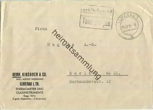 Brief aus Ilmenau 1 vom 24.12.1945 mit 'Gebührbezahlt / Taxe percue' zweizeilig mit Trennungslinie B9 in violett