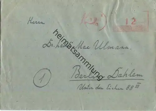 Brief aus Gera vom 01.10.1945 mit aptiertem Postfreistempel D1b in rot '12'