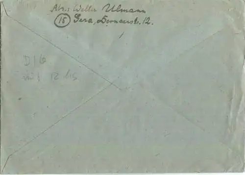 Brief aus Gera vom 01.10.1945 mit aptiertem Postfreistempel D1b in rot '12'