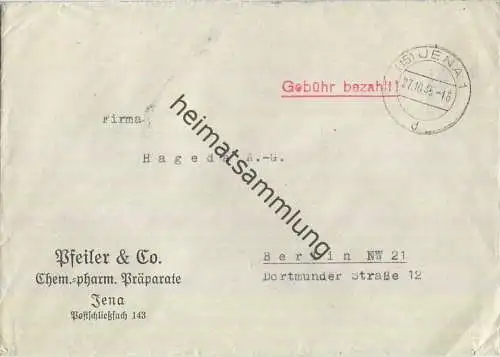 Brief aus (15) Jena vom 27.10.1945 mit 'Gebühr bezahlt' Stempel B1c in rot