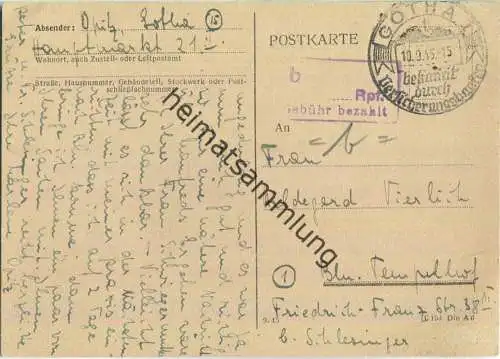 Postkarte aus Gotha vom 10.09.1945 mit 'Gebühr bezahlt' Stempel B14f in violett '6'