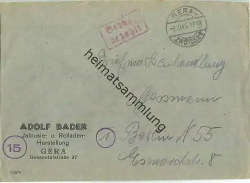 Brief aus Gera-Zwötzen vom 03.10.1945 mit 'Gebühr bezahlt' Stempel B5a in rot