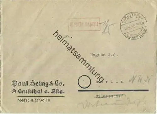 Brief aus Ernstthal am Rennsteig vom 16.10.1945 mit 'Gebühr bezahlt' Stempel und Signum '12' B4a in violett