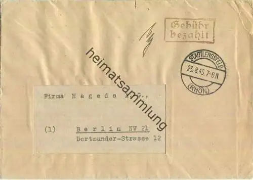 Brief aus Stadtlengsfeld (Rhön) vom 23.08.1945 mit 'Gebühr bezahlt' Stempel und Signum B5a in violett