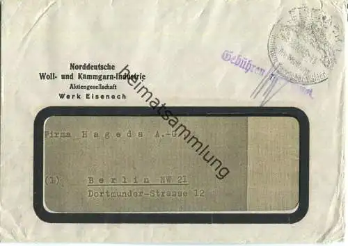 Brief aus Eisenach vom 23.10.1945 mit 'Gebühren verrechnet.' Stempel B16e in violett