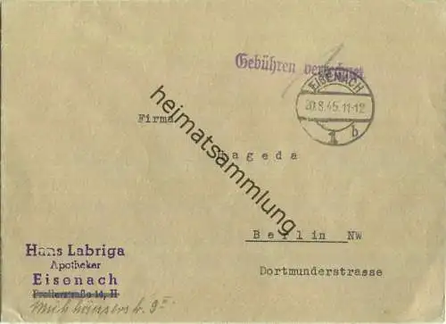 Brief aus Eisenach vom 20.08.1945 mit 'Gebühren verrechnet' Stempel B16e in violett