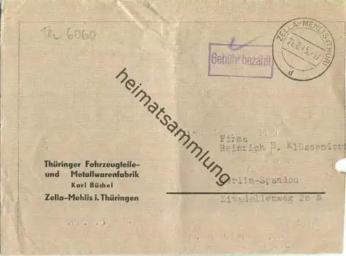 Faltbrief aus Zella-Mehlis (Thür) vom 21.08.1945 (Briefsperre!) mit 'Gebühr bezahlt' Stempel B3a in violett