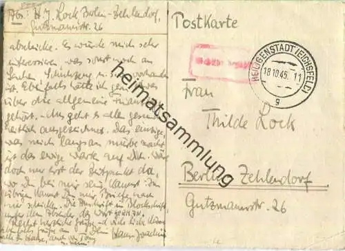 Postkarte aus Heiligenstadt (Eichsfeld) vom 18.10.1945 mit 'Gebühr bezahlt' Stempel in rot