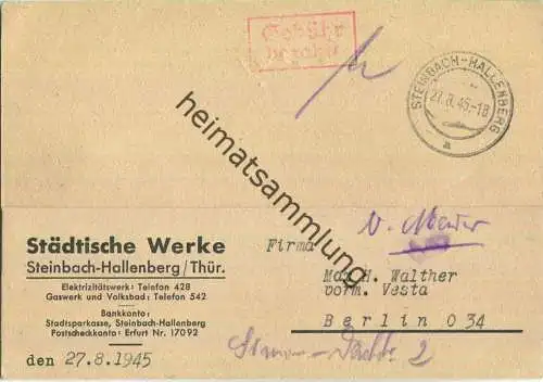 Postkarte aus Steinbach-Hallenberg vom 27.08.1945 mit 'Gebühr bezahlt' Stempel B4a in rot - Signatur