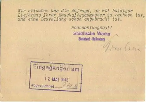 Postkarte aus Steinbach-Hallenberg vom 27.08.1945 mit 'Gebühr bezahlt' Stempel B4a in rot - Signatur