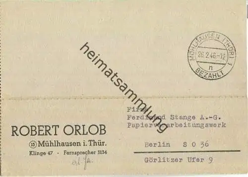 Postkarte aus Mühlhausen (Thür) 1 vom 26.02.1946 mit 'BEZAHLT' Stempel C2c in schwarz