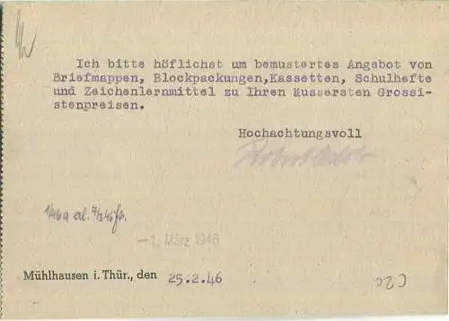 Postkarte aus Mühlhausen (Thür) 1 vom 26.02.1946 mit 'BEZAHLT' Stempel C2c in schwarz