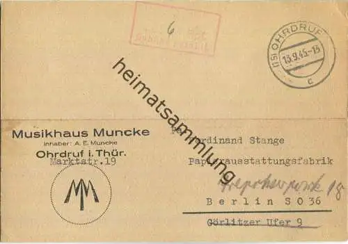 Postkarte aus (15) Ohrdruf vom 13.09.1945 mit 'Gebühr bezahlt' Stempel B14e in rot