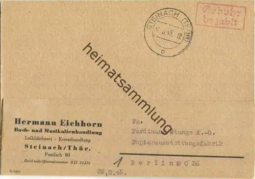 Postkarte aus Steinach (Thür) vom 30.08.1945 mit 'Gebühr bezahlt' Stempel B5a in rot