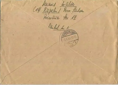 R-Brief aus (19) Raguhn vom 15.08.1945 mit 'Gebühr bezahlt' Stempel B5a in schwarzviolett '42' - Blanko R-Zettel