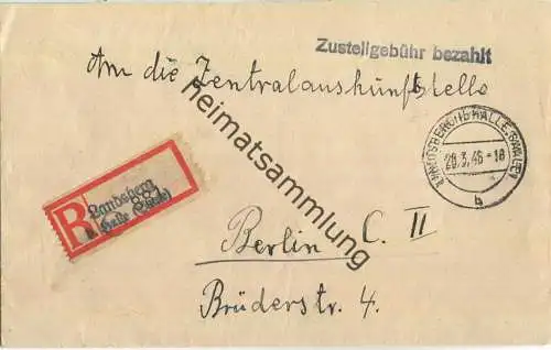 R-Brief aus Landsberg b. Halle (Saale) vom 20.03.1946 mit 'Zustellgebühr bezahlt' Stempel B16f in schwarz