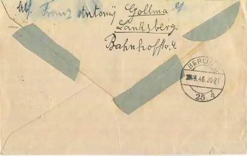 R-Brief aus Landsberg b. Halle (Saale) vom 20.03.1946 mit 'Zustellgebühr bezahlt' Stempel B16f in schwarz