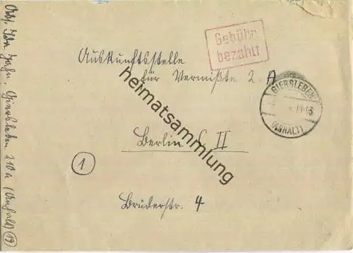 Brief aus Giersleben (Anhalt) von 1946 mit 'Gebühr bezahlt' Stempel B5a in rot