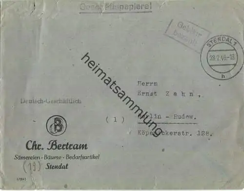 Brief aus Stendal 1 vom 28.02.1946 mit 'Gebühr bezahlt' Stempel B5a in violett