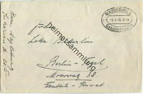 Brief aus Magdeburg 1 vom 03.09.1945 mit 'Gebühr bezahlt' Stempel C1h in schwarz