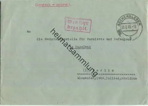 Brief aus (19) Aschersleben vom 20.08.1945 mit 'Gebühr bezahlt' Stempel B5e in rot