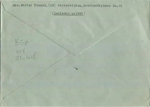 Brief aus (19) Aschersleben vom 20.08.1945 mit 'Gebühr bezahlt' Stempel B5e in rot