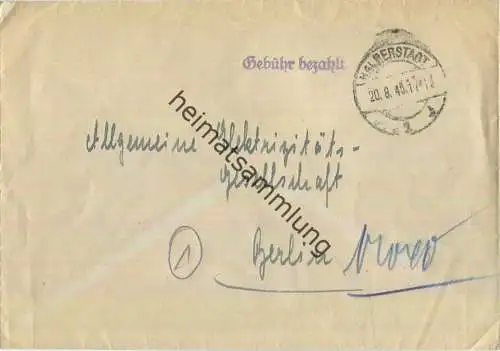 Brief aus Halberstadt vom 20.08.1945 mit 'Gebühr bezahlt' Stempel B1a in violett