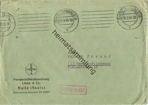 Brief aus (10) Halle (Saale) 8 vom 08.09.1945 mit 'Gebühr bezahlt' Stempel B4a in rot