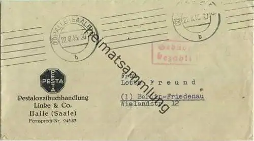 Brief aus (10) Halle (Saale) 8 vom 22.08.1945 mit 'Gebühr bezahlt' Stempel B5a in rot