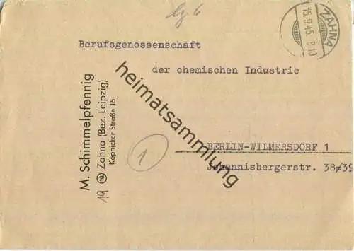 Falt-Brief aus Zahna vom 15.09.1945 mit 'bz 6' handschriftlich
