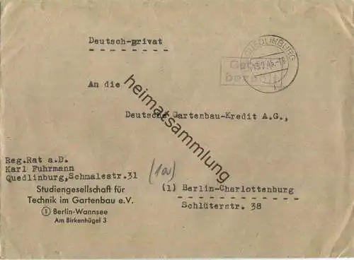 Brief aus (19) Quedlinburg vom 13.09.1945 mit 'Gebühr bezahlt' Stempel B5a in violett