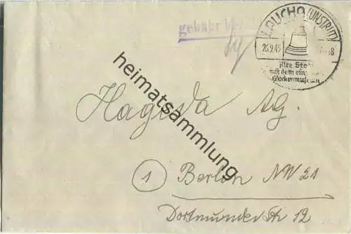 Brief aus Laucha (Unstrut) vom 26.09.1945 mit 'Gebühr bezahlt' Stempel wie B1b (aber unterstrichen) in violett