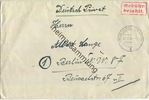 Brief aus (19) Oschersleben vom 21.08.1945 mit 'Gebühr bezahlt.' Stempel B5e in rot