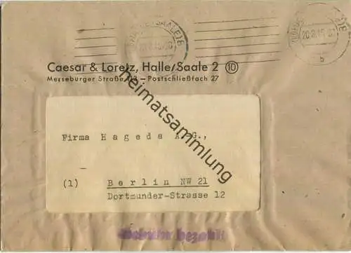 Brief aus (10) Halle (Saale) vom 20.08.1945 mit 'Gebühr bezahlt' Stempel B1a in violett