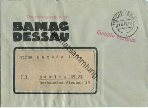 Brief aus (19) Dessau 1 vom 21.12.1945 mit 'Gebühr bezahlt' Stempel B1a in rot
