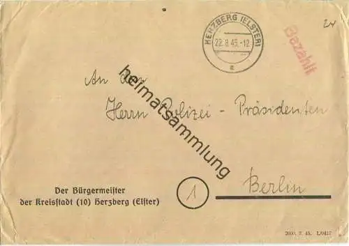 Brief aus Herzberg (Elster) vom 22.08.1945 mit 'Bezahlt' Stempel B16g in rot '24' (Doppelbrief)