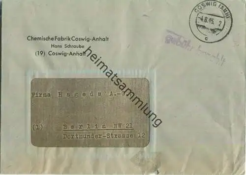 Brief aus Coswig (Anh) vom 04.08.1945 mit 'gebühr bezahlt' Stempel B1b in violett