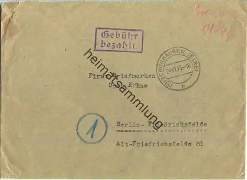 Brief aus (19) Schönhausen (Elbe) vom 24.10.1945 mit 'Gebühr bezahlt' Stempel B5e in violett - zusätzlich 'Geb. bez. 24