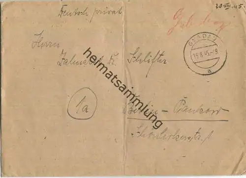Brief aus Gnadau vom 15.08.1945 mit 'Geb. bez.' handschriftlich